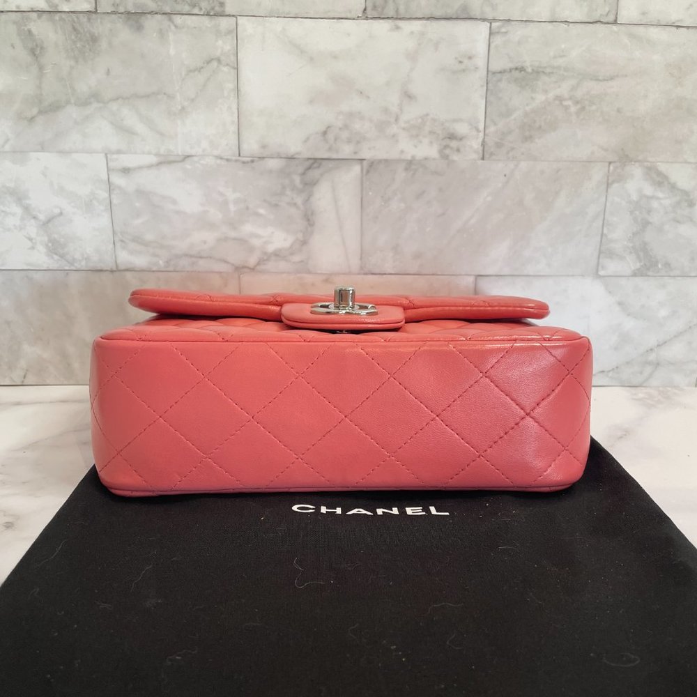 Chanel Mini Classic Flap Pink Coral Orange Lambskin Rectangular Crossbody Silver - Picture 13 of 15